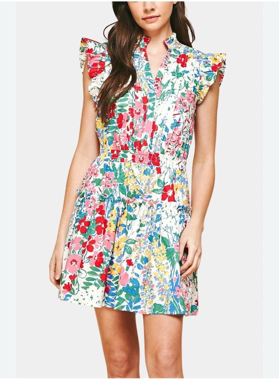 Pinch Paige Bright Days Ahead Floral Cotton Blouson Flutter Dress $98 L